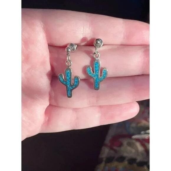 Cactus Desert Life Charm Dangle Earrings – Boho Southwestern Sterling‐Tone Charm - Picture 4 of 6